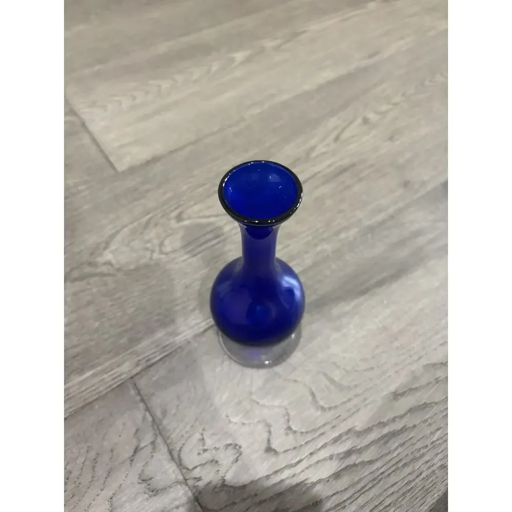 Vintage Cobalt Blue Art Glass Bud Vase Clear Footed Base 6.25” Tall